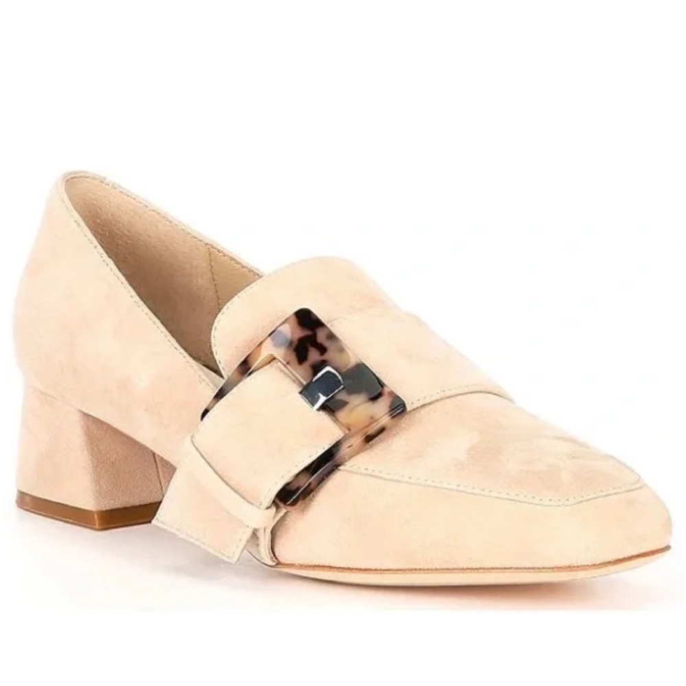 NWOB DEITAN Beige Suede Leather Loafers w/ Block Heel Tortoiseshell Buckle 9